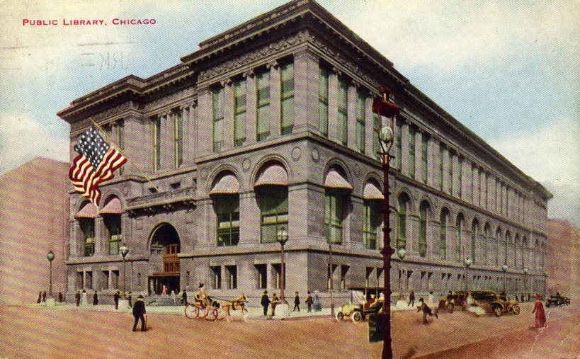 An undated historic postcard of the Chicago Public Library, now the Cultural Center.