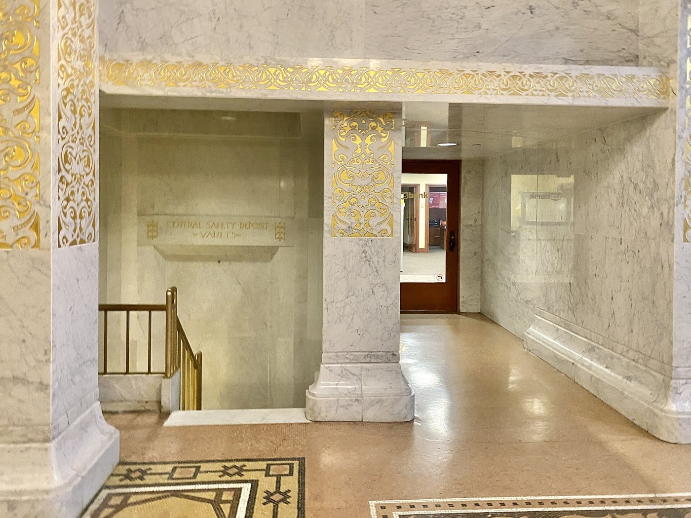 Marble and gilded detail in the Rookery lobby, photographed in 2022.