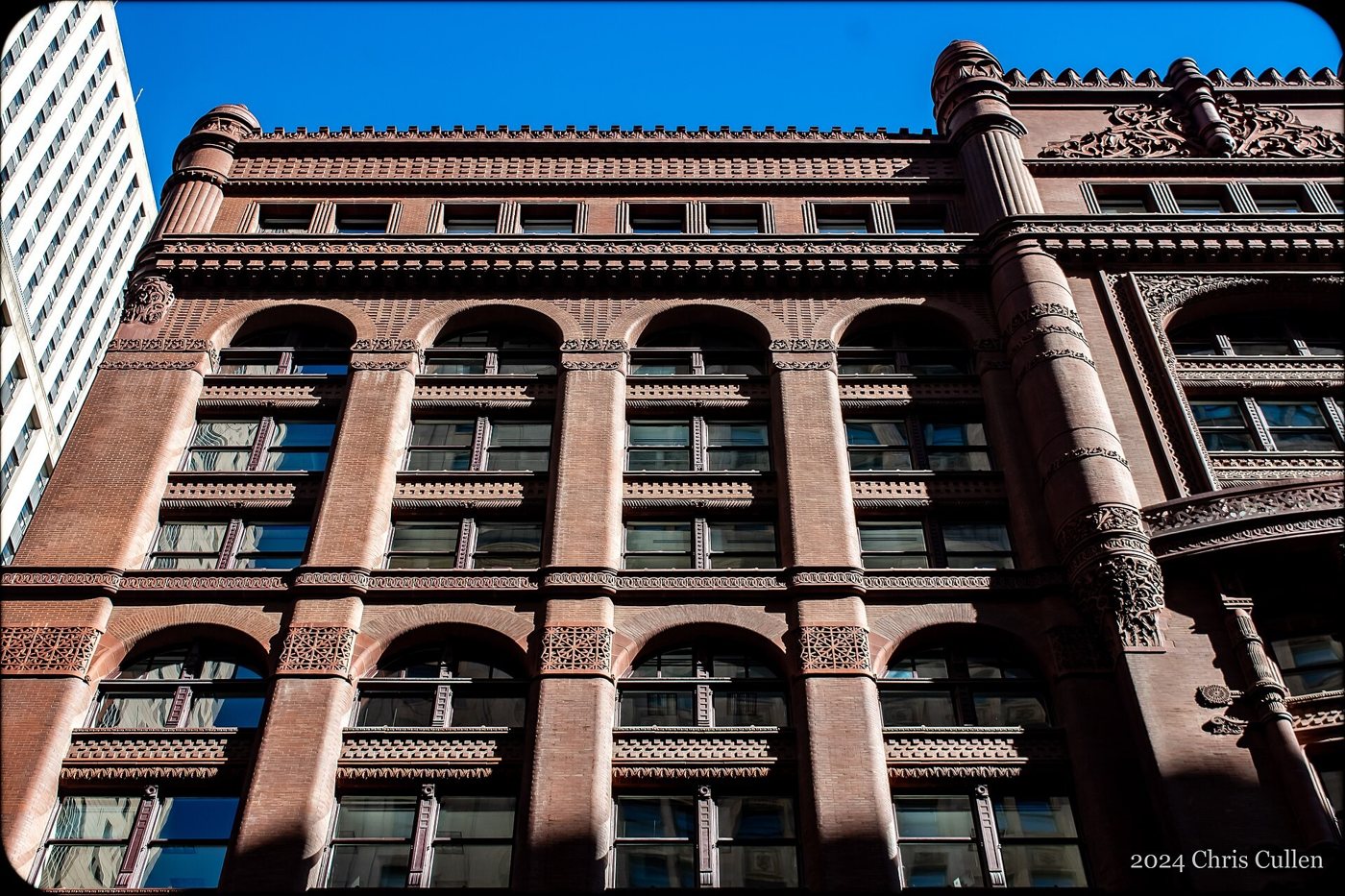 A closer view of the Rookery facade in 2024.