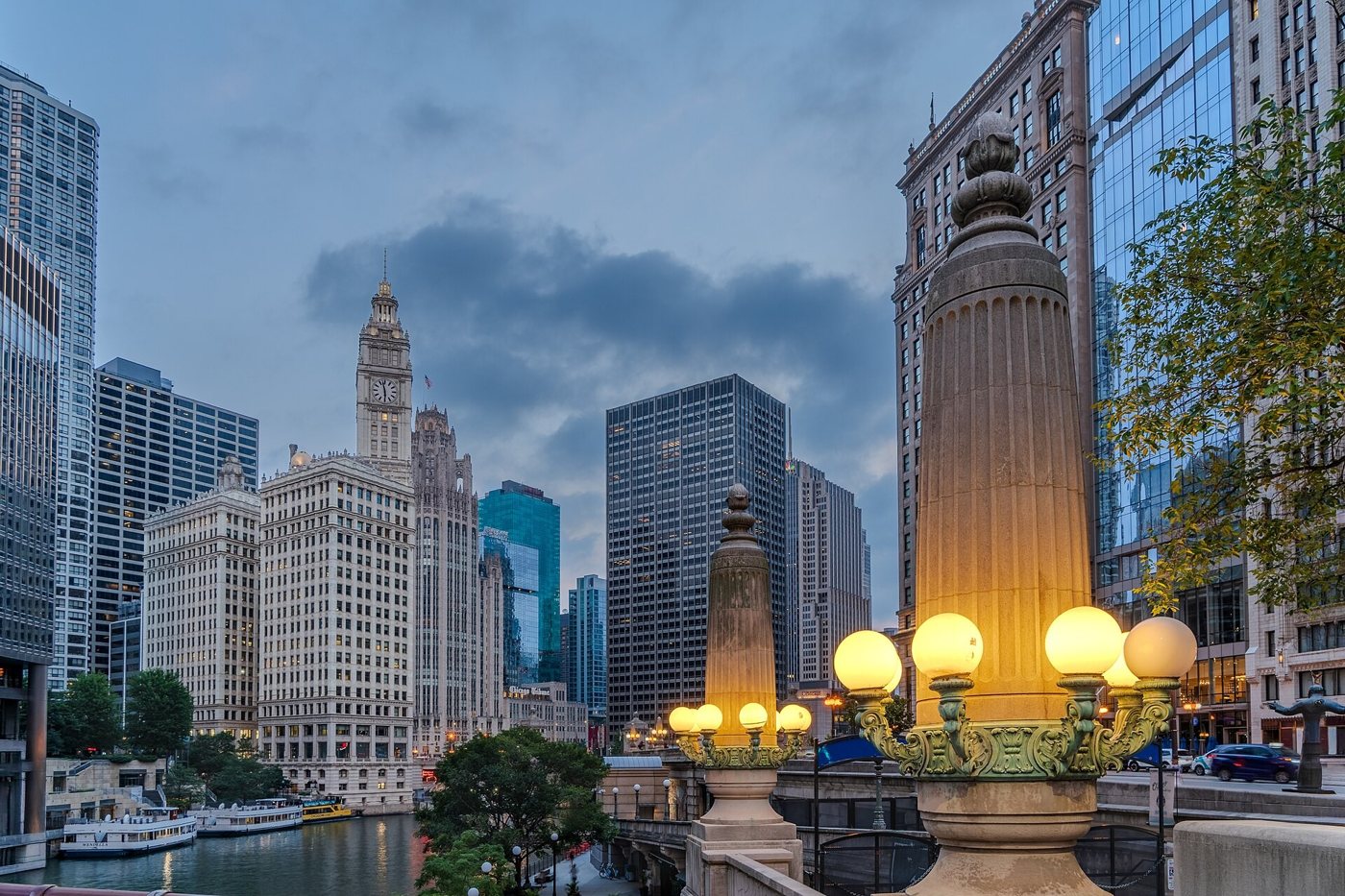 The Wrigley Building and riverfront skyline in August 2026.