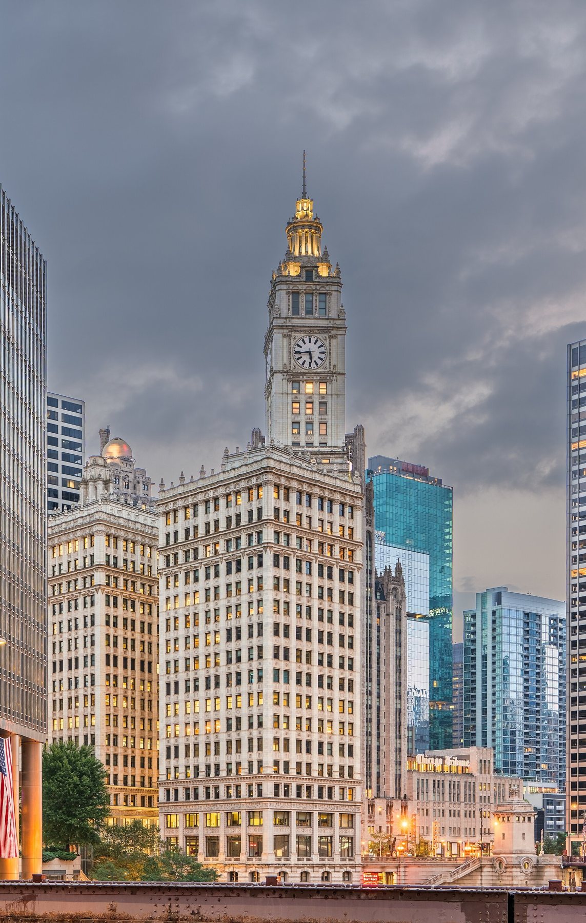 The illuminated Wrigley clock tower in August 2026.