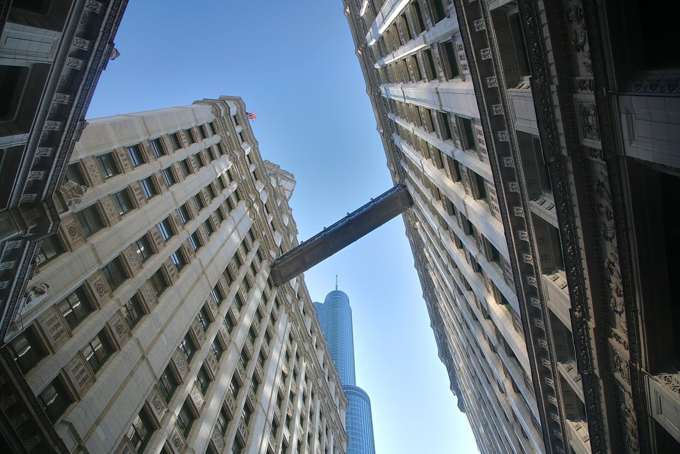 Looking up between the Wrigley Building sections and connecting bridges in 2009.