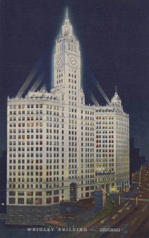 The Wrigley Building in a 1938 postcard.